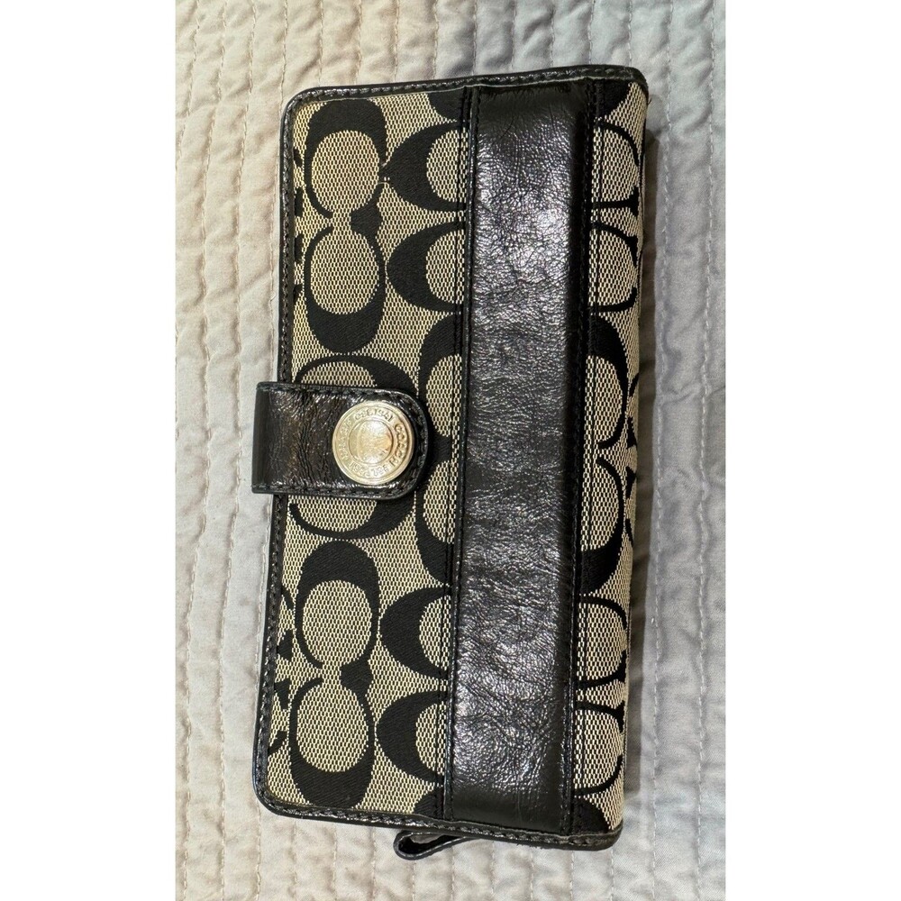 Coach Signature Jacquard Checkbook Wallet Black Leather Zip Around Organizer - Picture 2 of 16